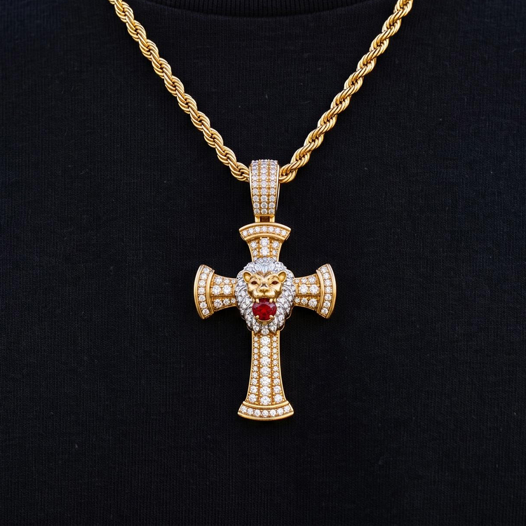 Iced Out Ruby Lion Cross Pendant Iced Out Ruby Lion Cross Pendant