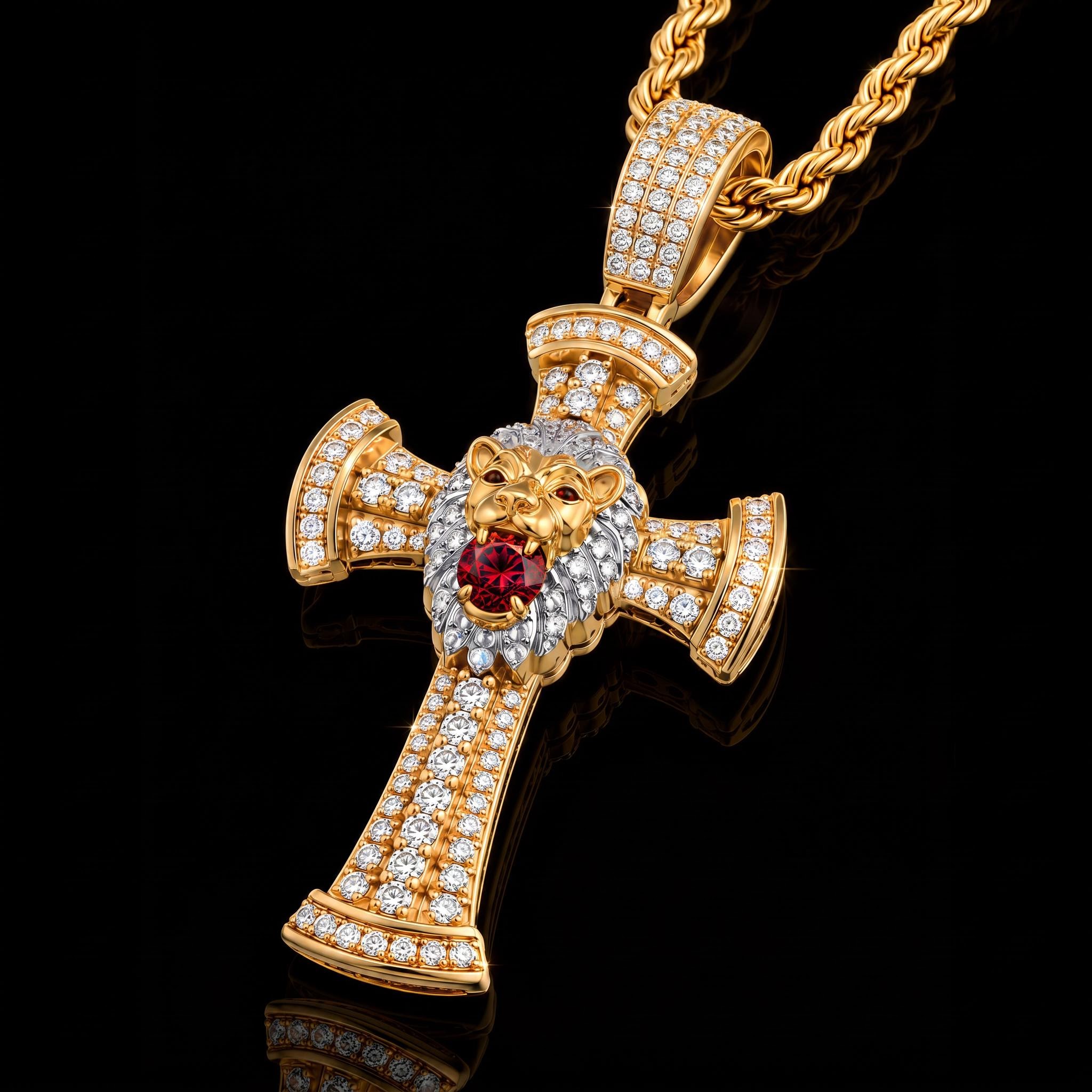 Iced Out Ruby Lion Cross Pendant Iced Out Ruby Lion Cross Pendant