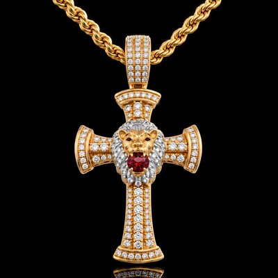 Iced Out Ruby Lion Cross Pendant