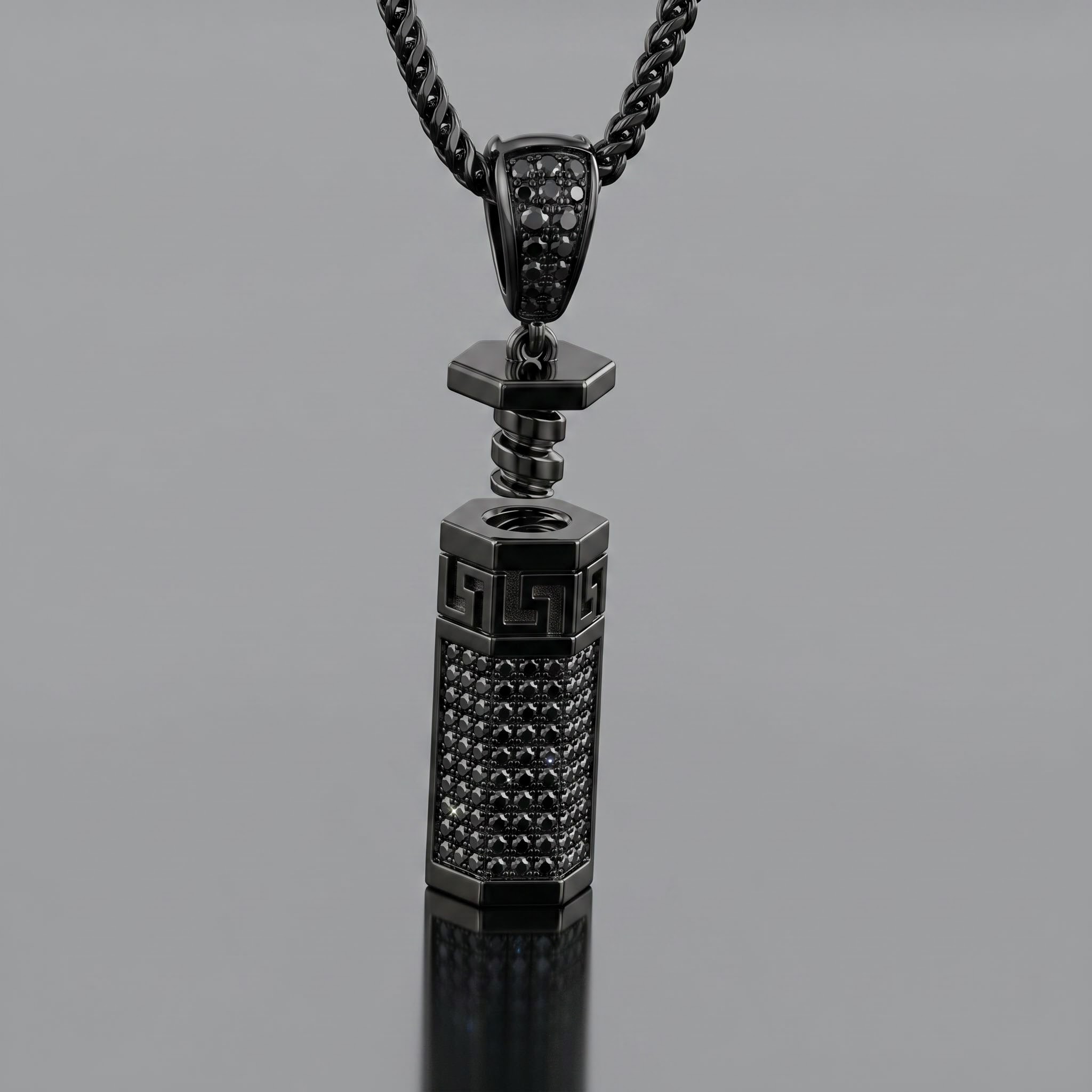 Iced Out Black Hexagonal Cylinder Urn Pendant Iced Out Black Hexagonal Cylinder Urn Pendant