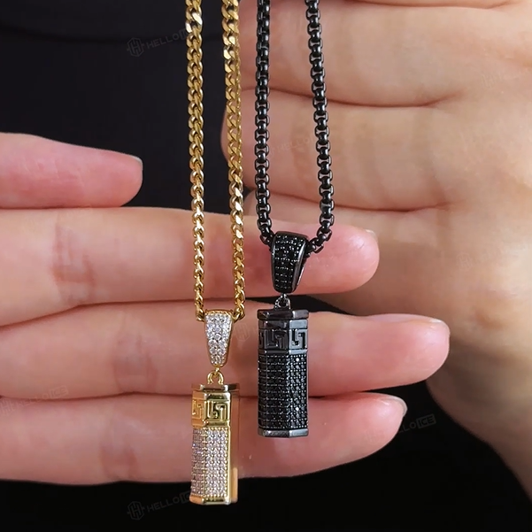 Iced Out Black Hexagonal Cylinder Urn Pendant Iced Out Black Hexagonal Cylinder Urn Pendant