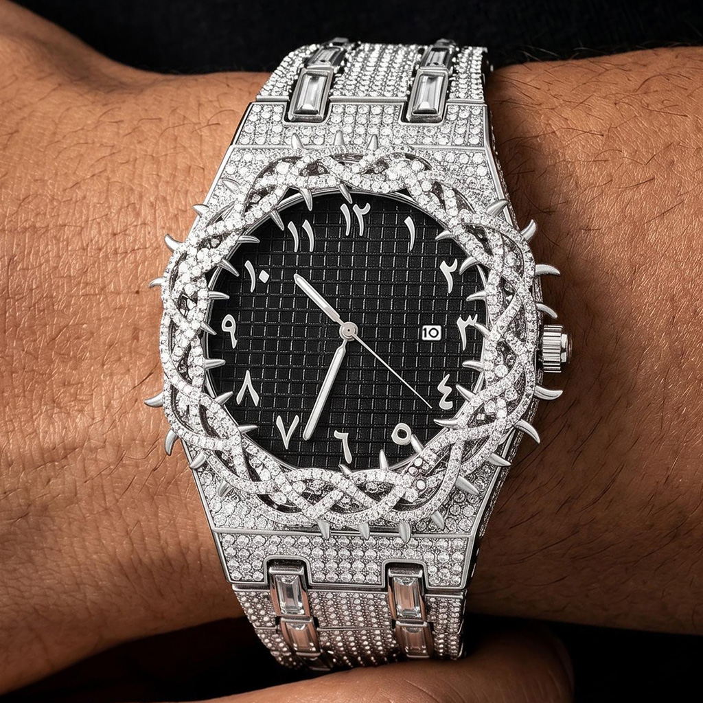 Iced Thorn Bezel Black Dial Watch in White Gold