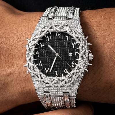 Iced Thorn Bezel Black Dial Watch in White Gold