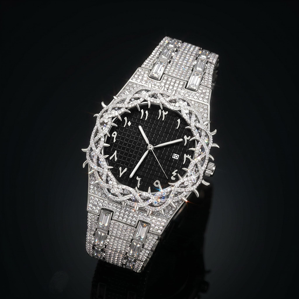 Iced Thorn Bezel Black Dial Watch in White Gold