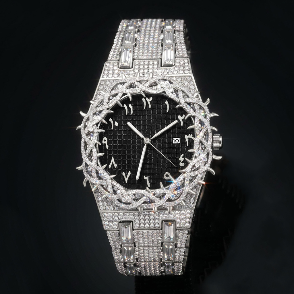 Iced Thorn Bezel Black Dial Watch in White Gold