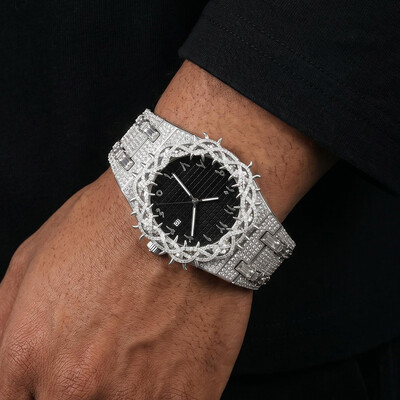 Iced Thorn Bezel Black Dial Watch in White Gold