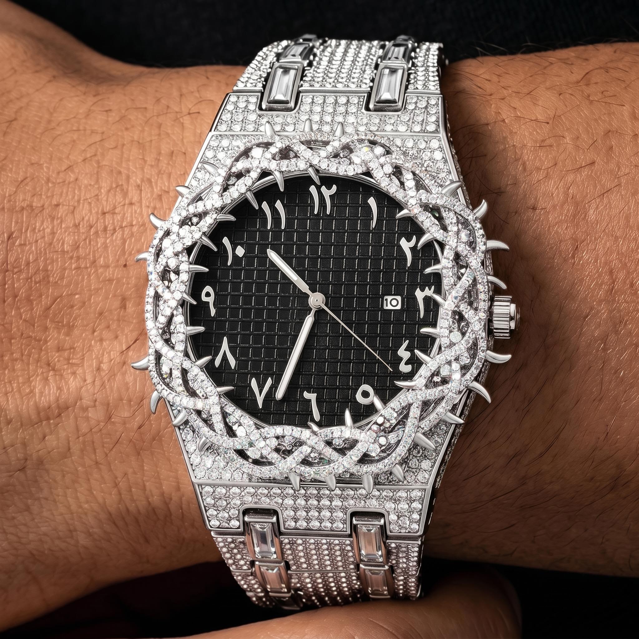 Iced Thorn Bezel Black Dial Watch in White Gold Iced Thorn Bezel Black Dial Watch in White Gold