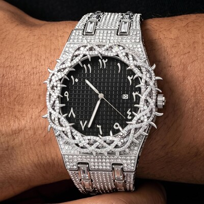 Iced Thorn Bezel Black Dial Watch in White Gold