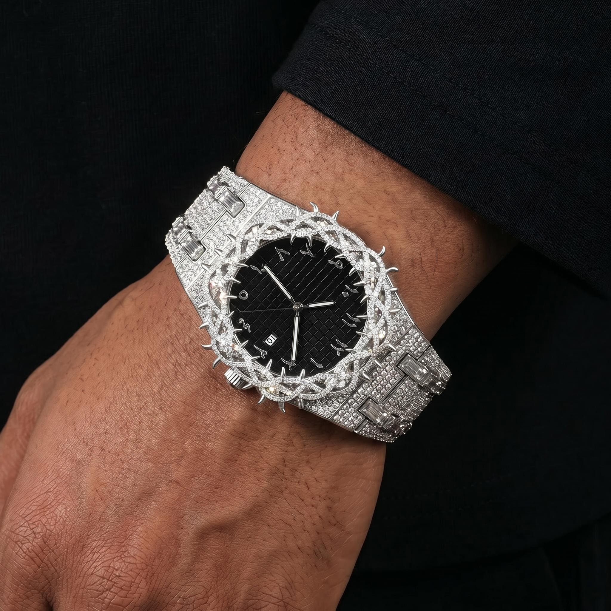 Iced Thorn Bezel Black Dial Watch in White Gold Iced Thorn Bezel Black Dial Watch in White Gold