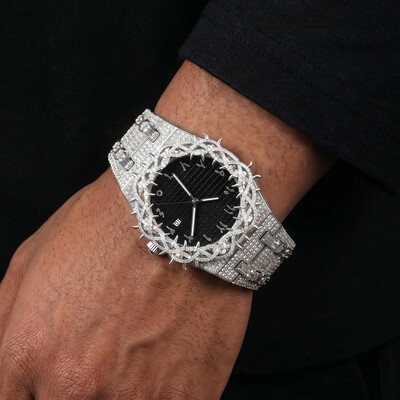 Iced Thorn Bezel Black Dial Watch in White Gold