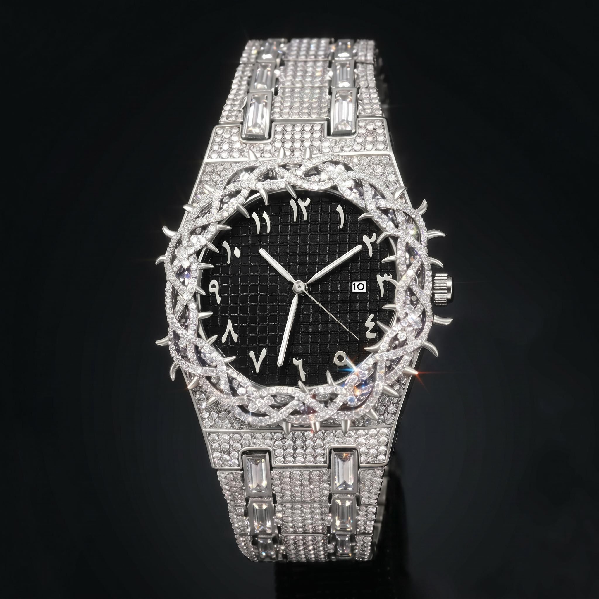 Iced Thorn Bezel Black Dial Watch in White Gold Iced Thorn Bezel Black Dial Watch in White Gold