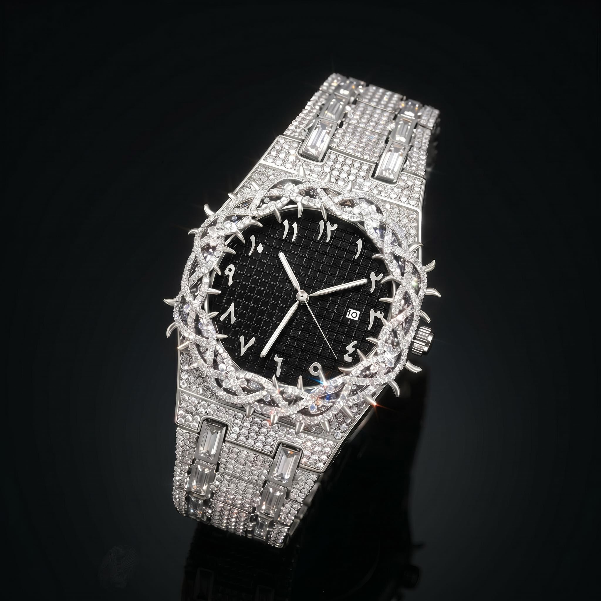 Iced Thorn Bezel Black Dial Watch in White Gold Iced Thorn Bezel Black Dial Watch in White Gold