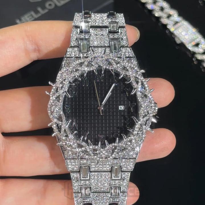 Iced Thorn Bezel Black Dial Watch in White Gold Iced Thorn Bezel Black Dial Watch in White Gold