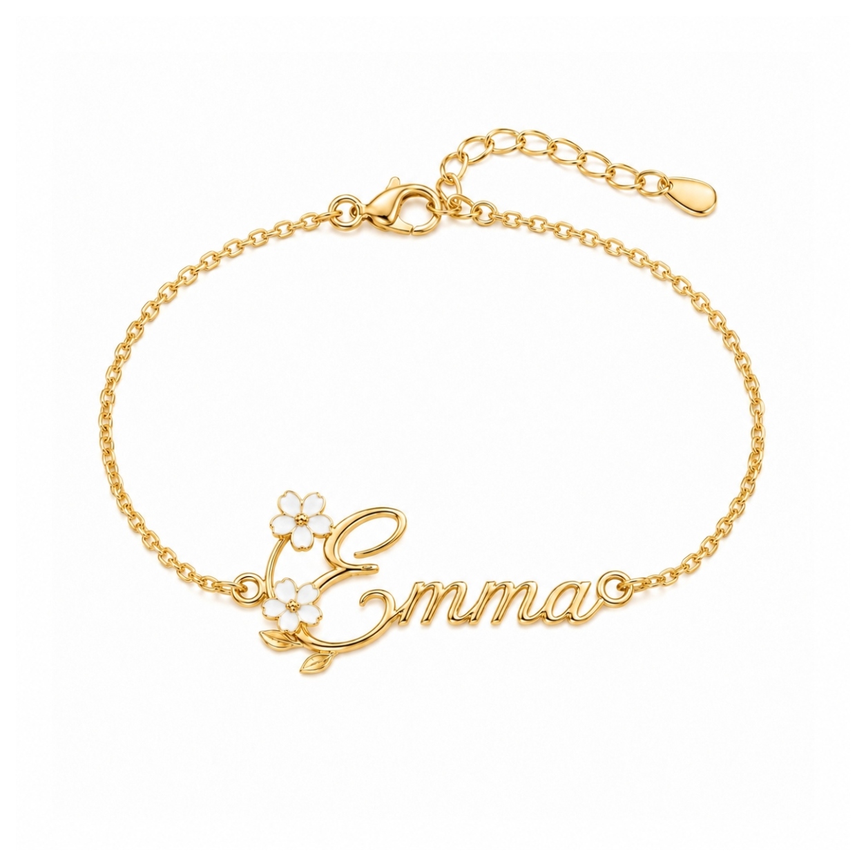 Personalized Name with White Enamel Flower Bracelet Personalized Name with White Enamel Flower Bracelet