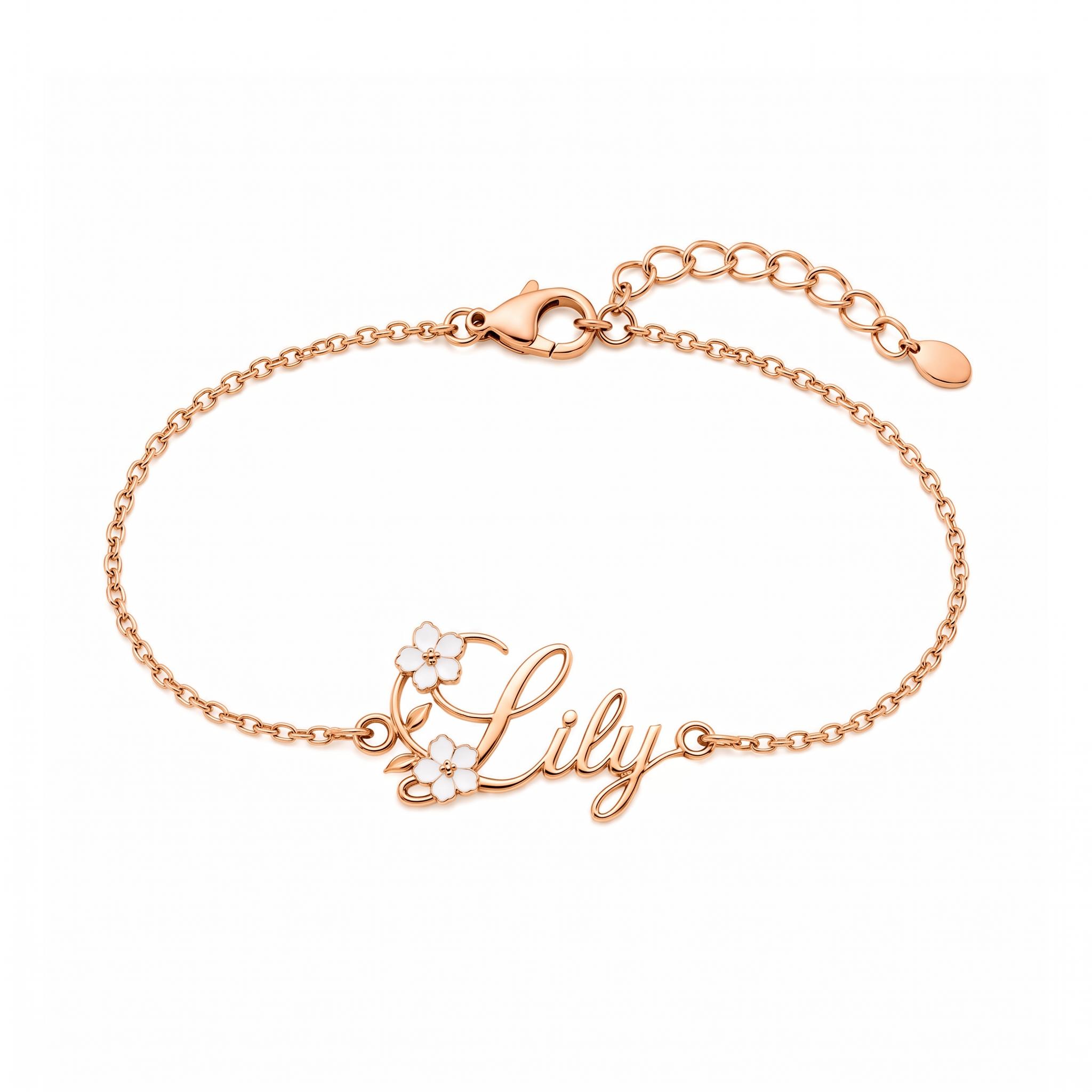 Personalized Name with White Enamel Flower Bracelet Personalized Name with White Enamel Flower Bracelet