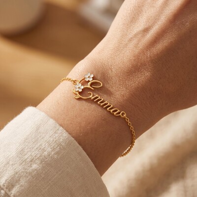 Personalized Name with White Enamel Flower Bracelet