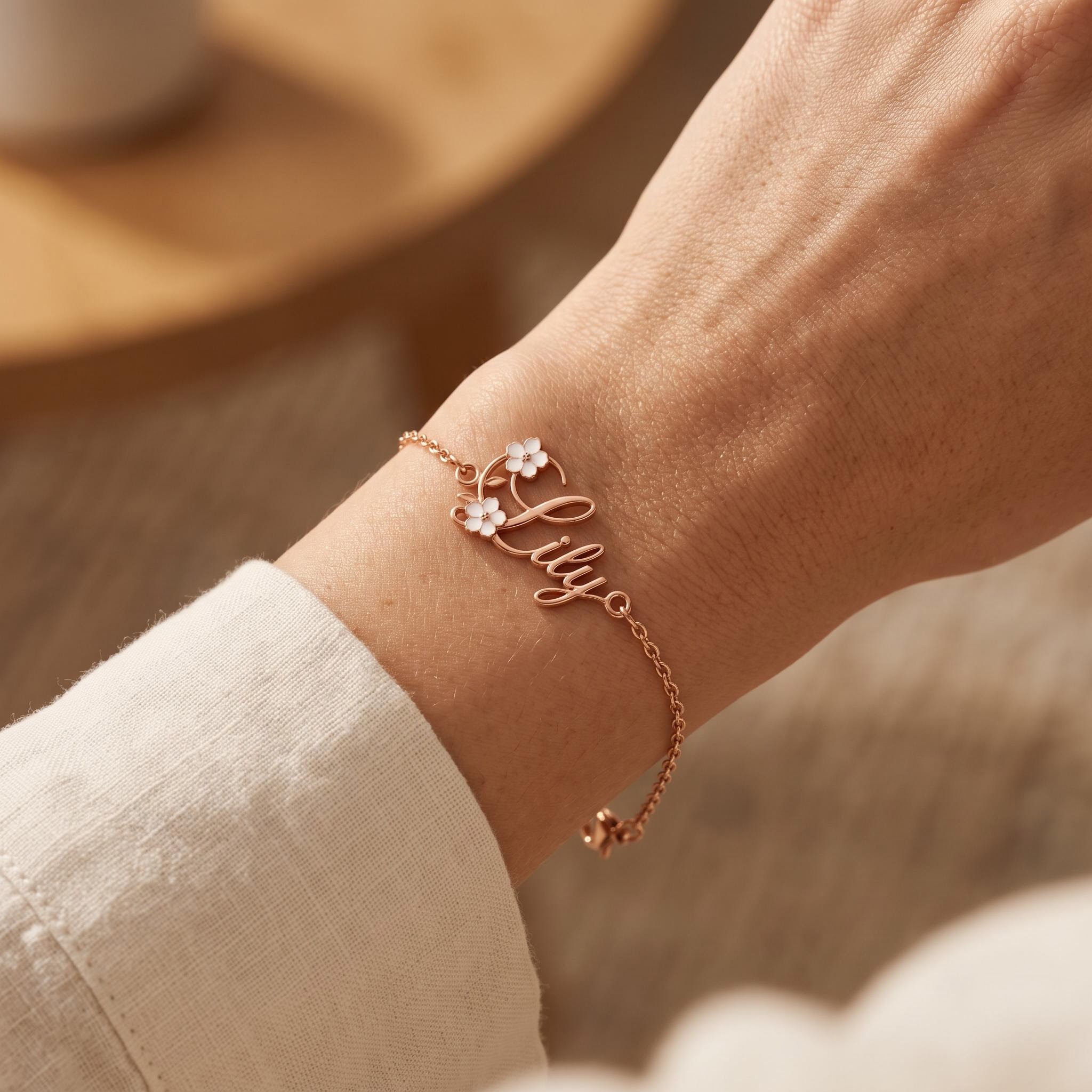 Personalized Name with White Enamel Flower Bracelet Personalized Name with White Enamel Flower Bracelet