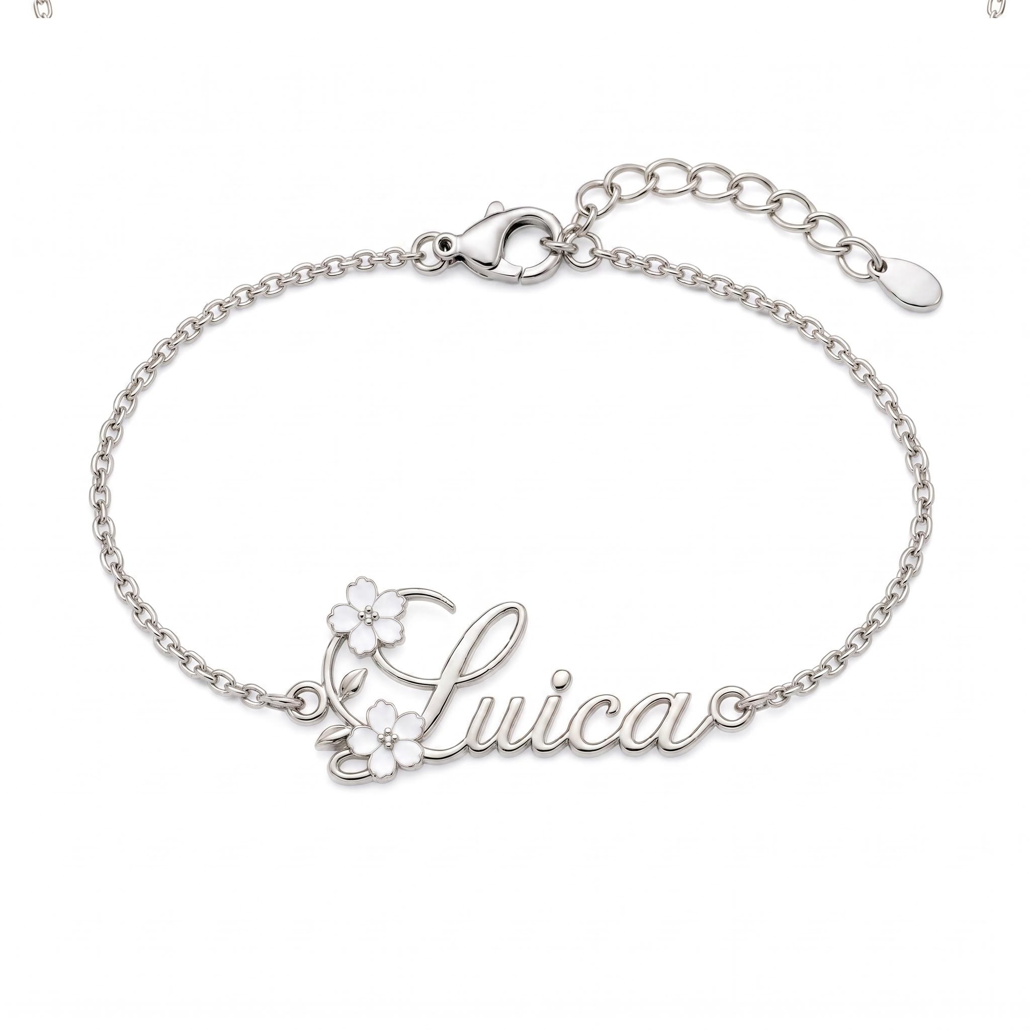 Personalized Name with White Enamel Flower Bracelet Personalized Name with White Enamel Flower Bracelet
