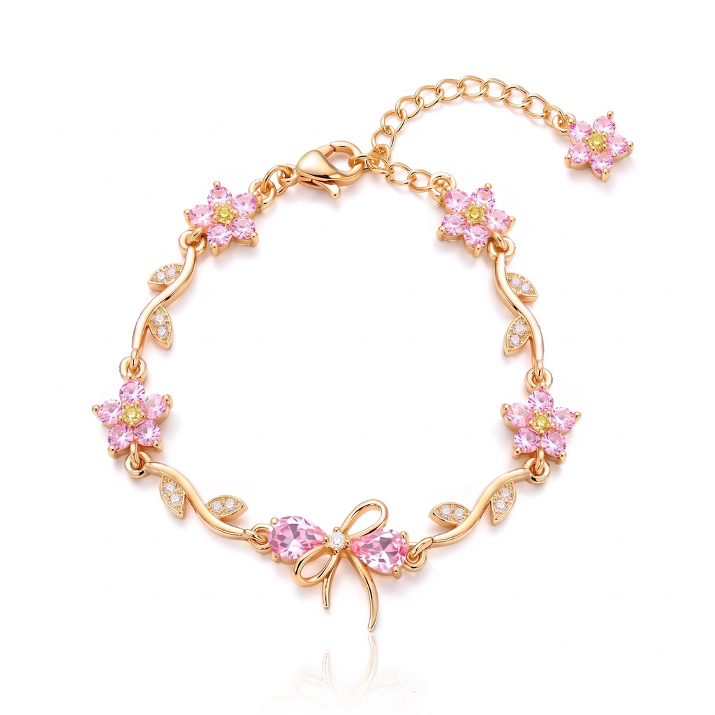 1.12 ct.tw Pink Stone Teardrop Bow Rose Bracelet with Floral Accents 1.12 ct.tw Pink Stone Teardrop Bow Rose Bracelet with Floral Accents