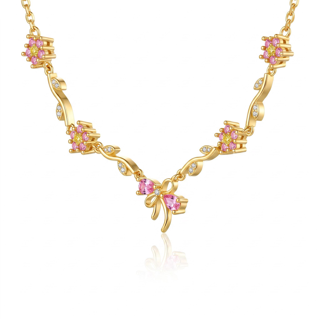 1.12 ct.tw Pink Stone Teardrop Bow Rose Bracelet with Floral Accents 1.12 ct.tw Pink Stone Teardrop Bow Rose Bracelet with Floral Accents