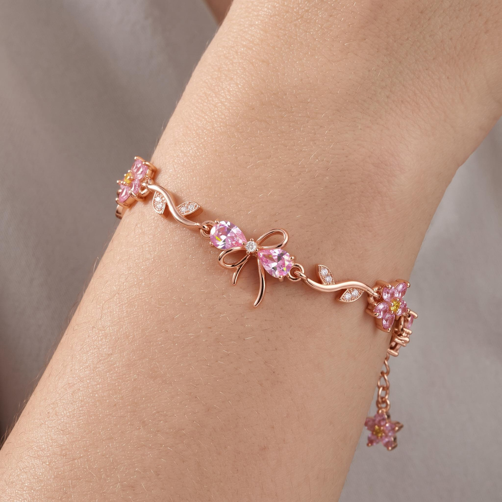 1.12 ct.tw Pink Stone Teardrop Bow Rose Bracelet with Floral Accents 1.12 ct.tw Pink Stone Teardrop Bow Rose Bracelet with Floral Accents
