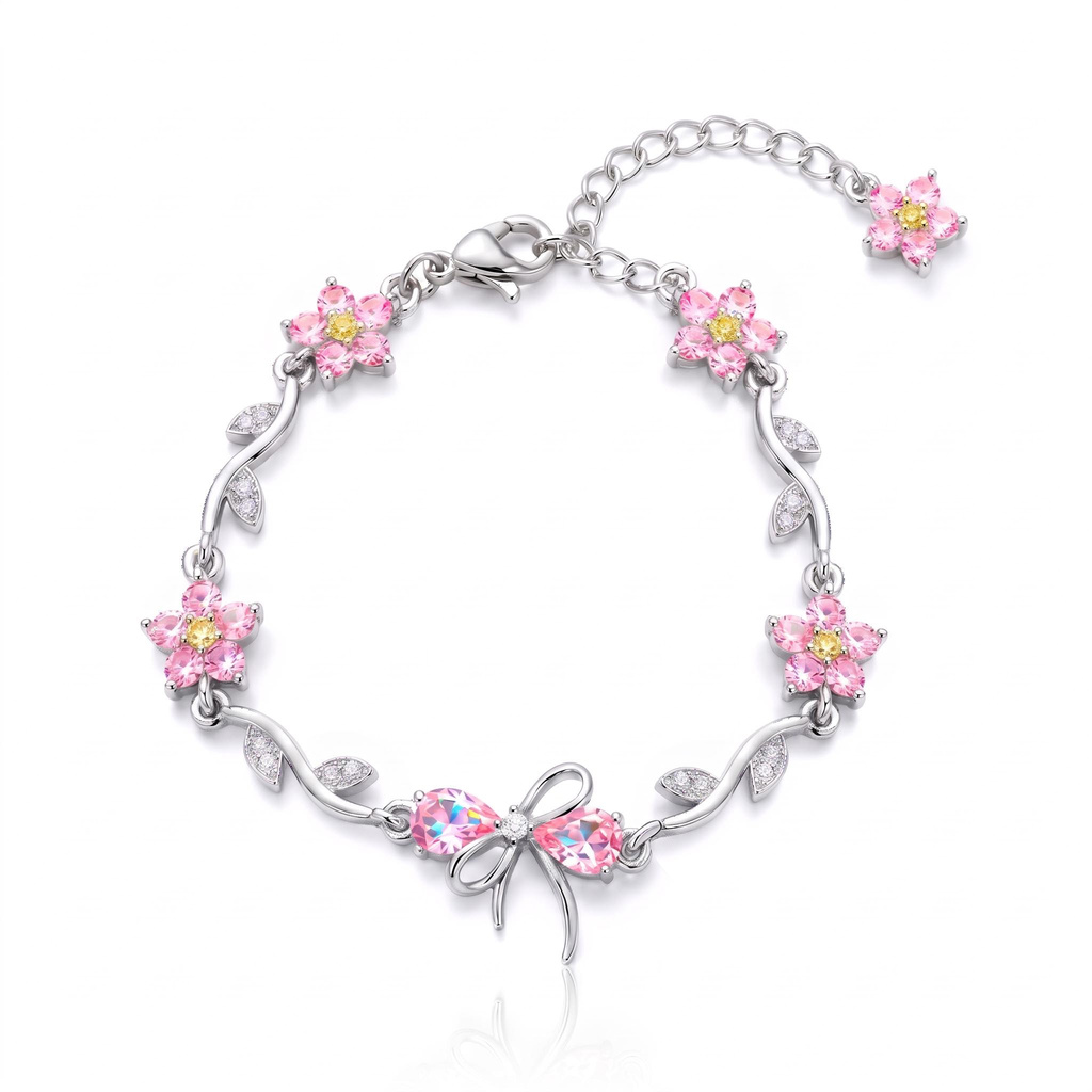 1.12 ct.tw Pink Stone Teardrop Bow Rose Bracelet with Floral Accents 1.12 ct.tw Pink Stone Teardrop Bow Rose Bracelet with Floral Accents
