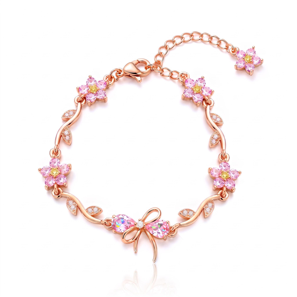 1.12 ct.tw Pink Stone Teardrop Bow Rose Bracelet with Floral Accents 1.12 ct.tw Pink Stone Teardrop Bow Rose Bracelet with Floral Accents