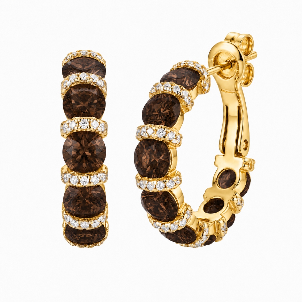 3.58 ct.tw. Alternating Round Coffee Chocolate Stone Hoop Earrings