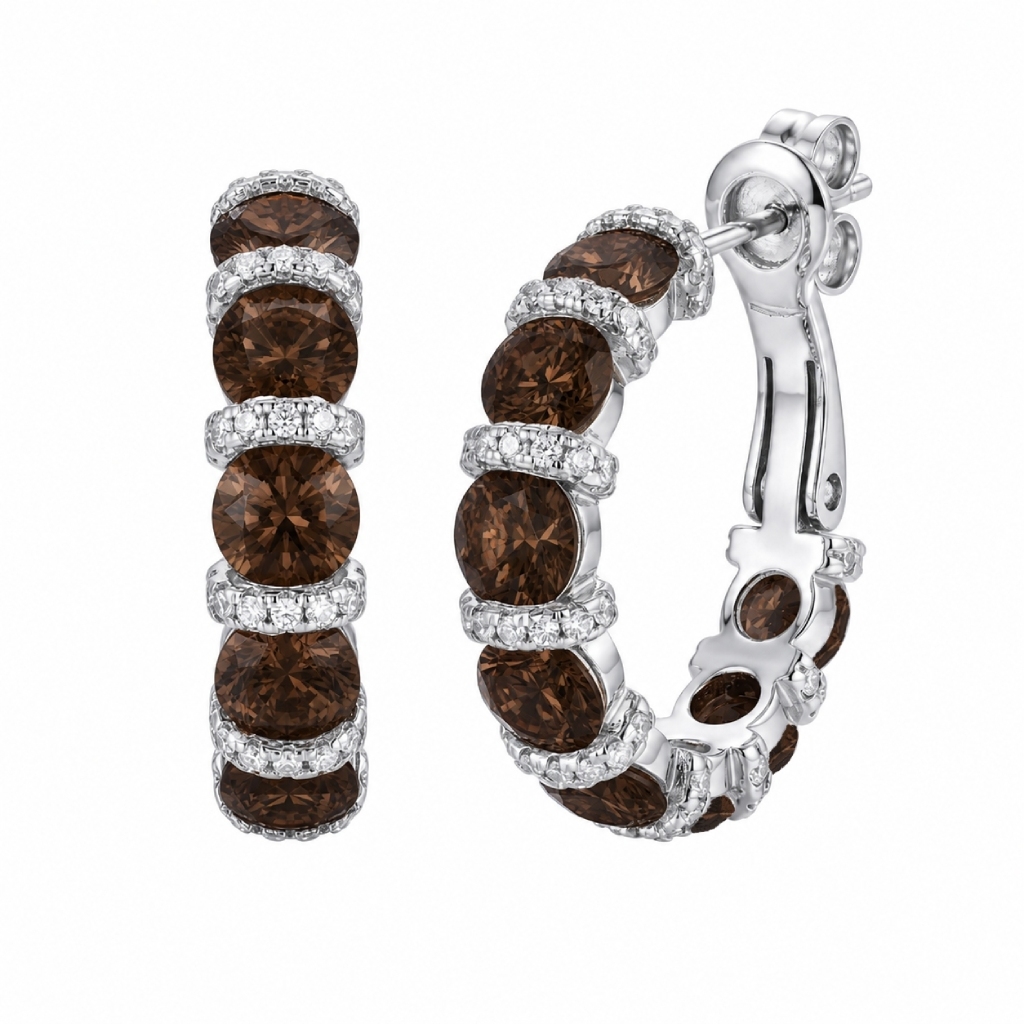 3.58 ct.tw. Alternating Round Coffee Chocolate Stone Hoop Earrings