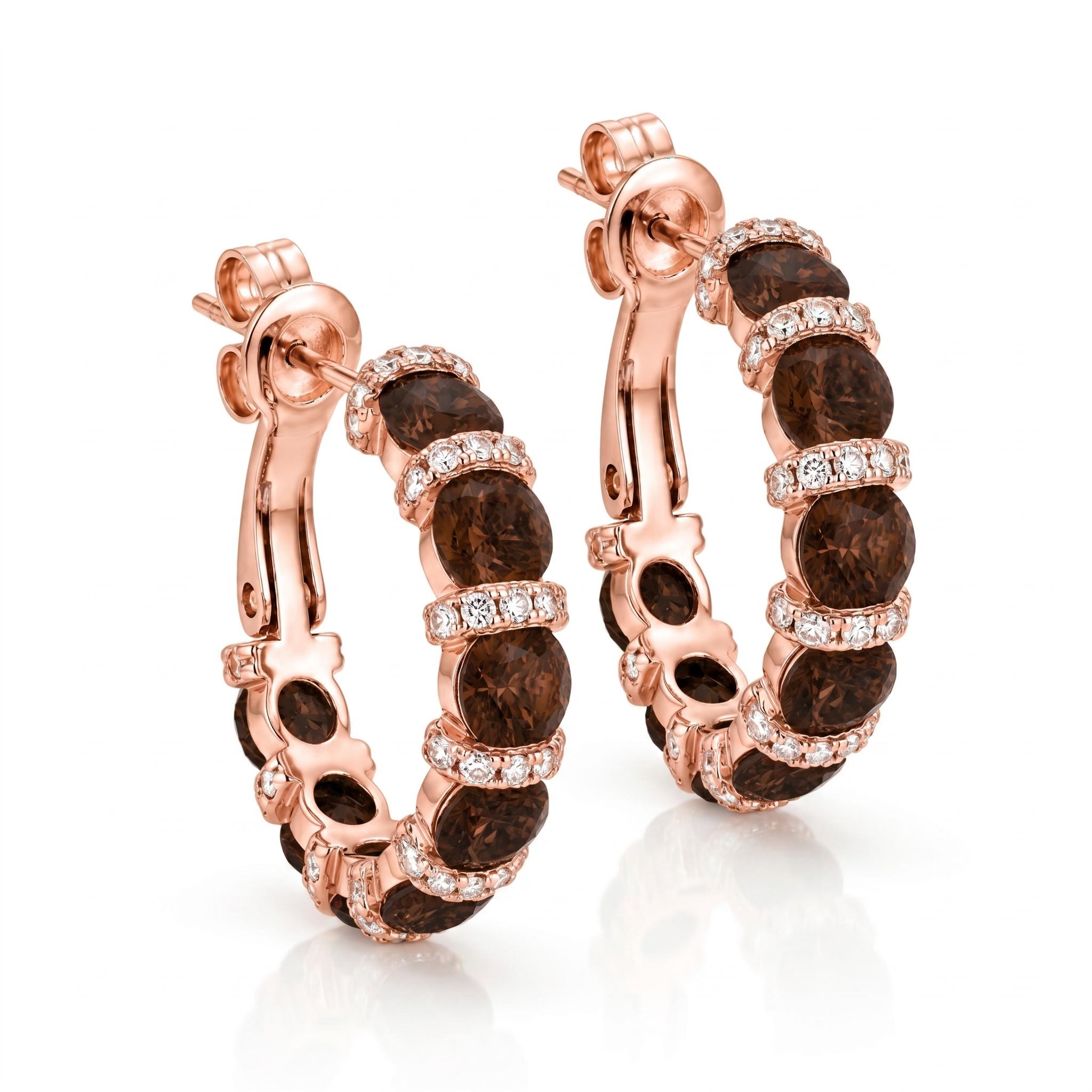 3.58 ct.tw. Alternating Round Coffee Chocolate Stone Hoop Earrings