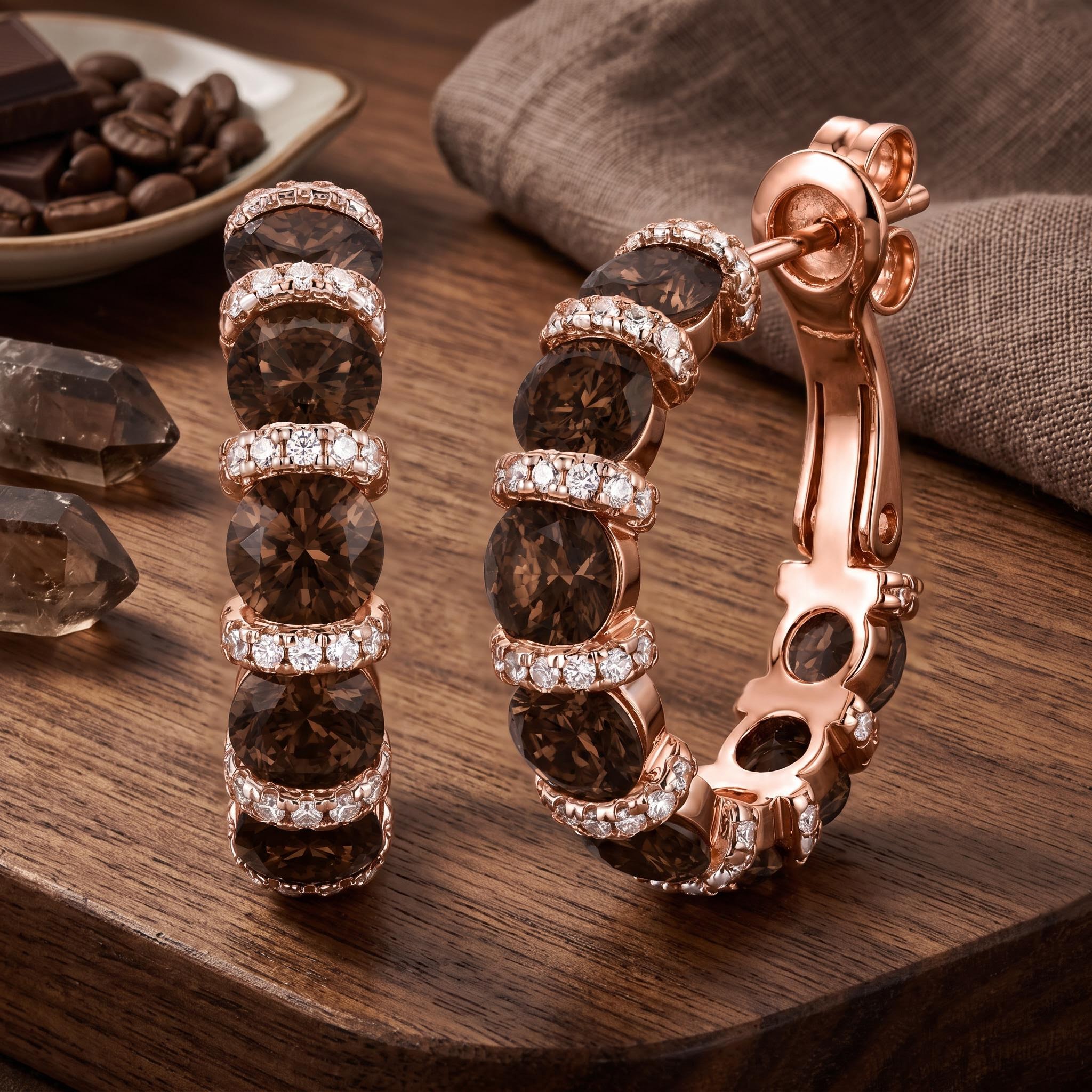 3.58 ct.tw. Alternating Round Coffee Chocolate Stone Hoop Earrings