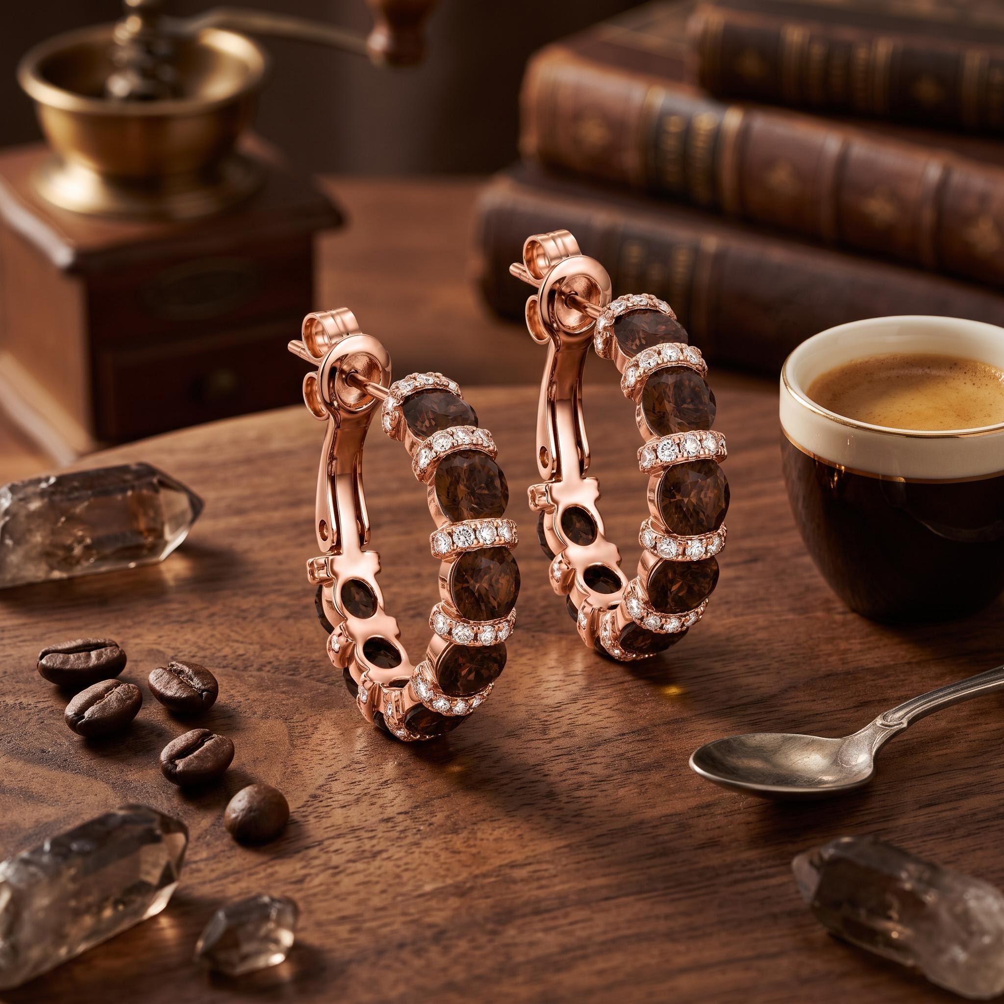 3.58 ct.tw. Alternating Round Coffee Chocolate Stone Hoop Earrings