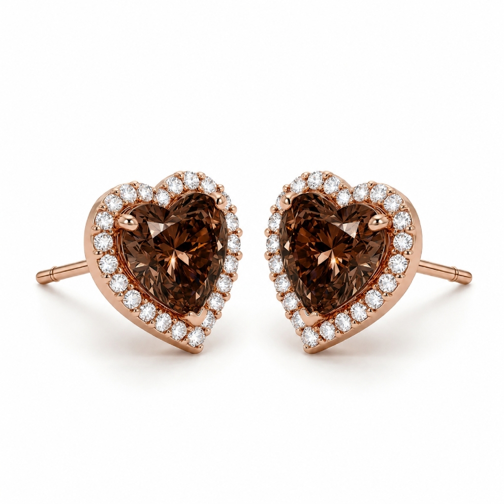 0.71 ct.tw. Heart Shaped Coffee Chocolate Stone Halo Earrings 0.71 ct.tw. Heart Shaped Coffee Chocolate Stone Halo Earrings