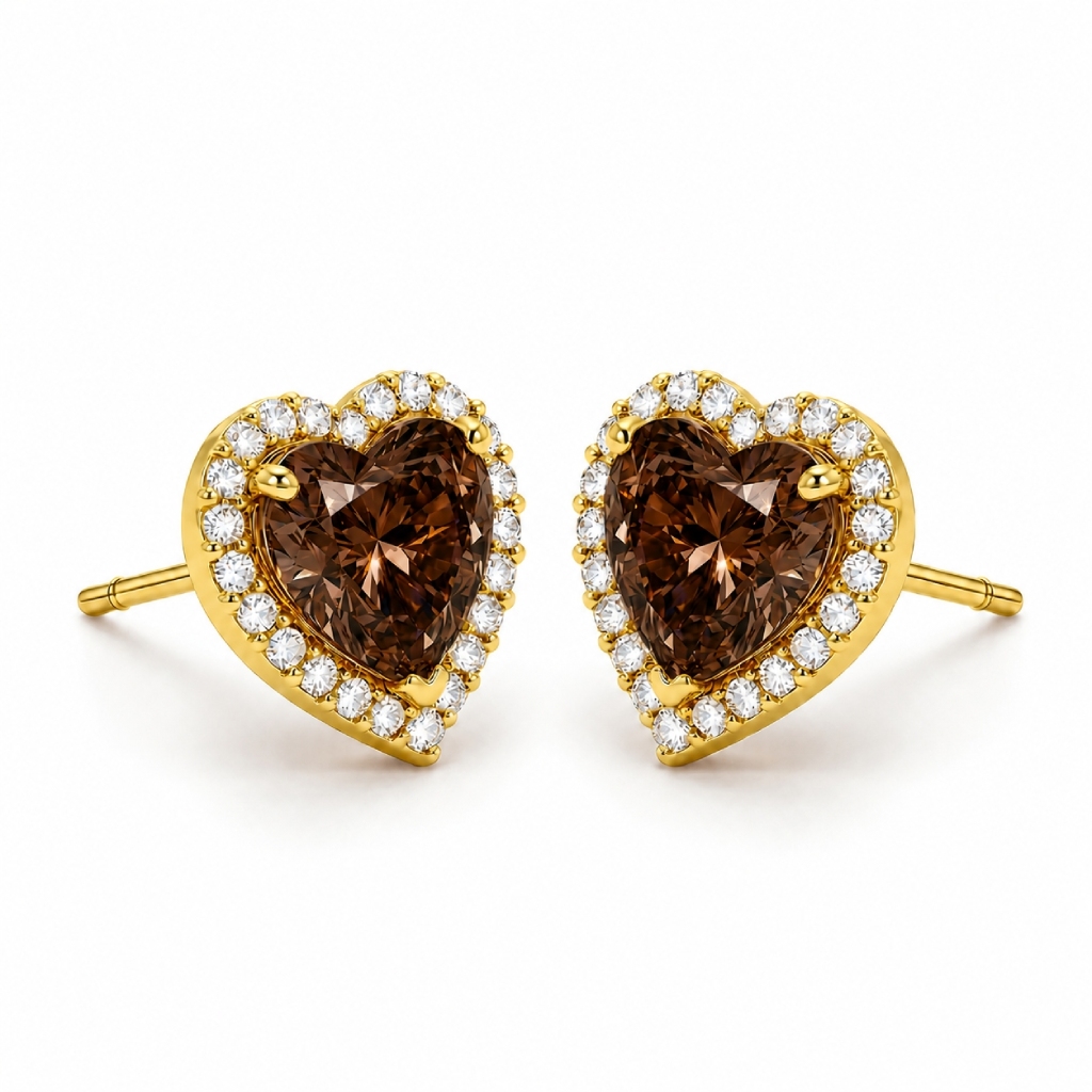 0.71 ct.tw. Heart Shaped Coffee Chocolate Stone Halo Earrings 0.71 ct.tw. Heart Shaped Coffee Chocolate Stone Halo Earrings