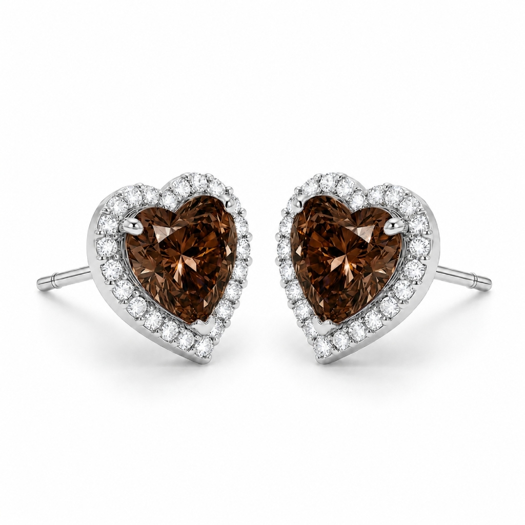0.71 ct.tw. Heart Shaped Coffee Chocolate Stone Halo Earrings 0.71 ct.tw. Heart Shaped Coffee Chocolate Stone Halo Earrings