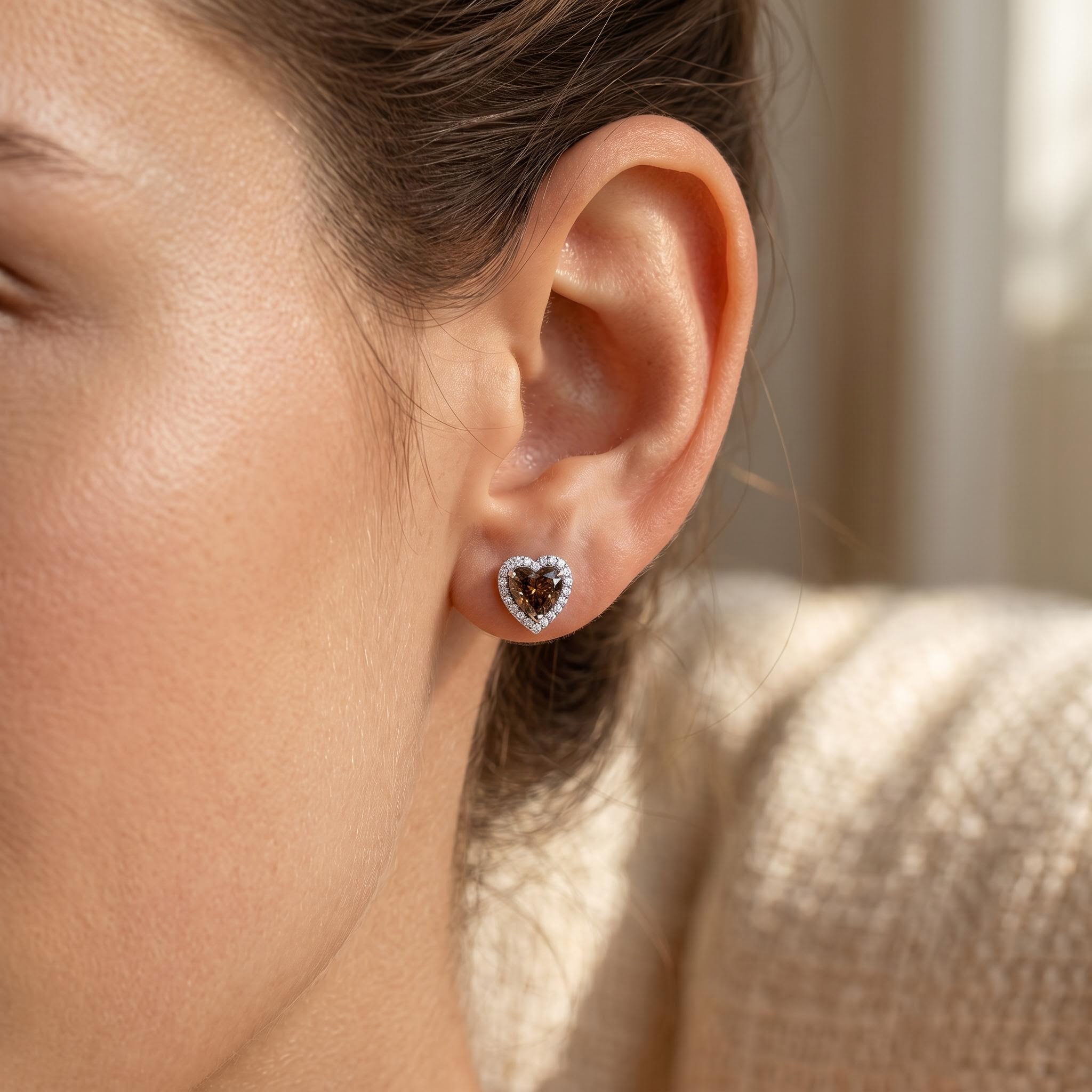 0.71 ct.tw. Heart Shaped Coffee Chocolate Stone Halo Earrings 0.71 ct.tw. Heart Shaped Coffee Chocolate Stone Halo Earrings