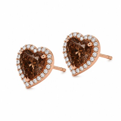 0.71 ct.tw. Heart Shaped Coffee Chocolate Stone Halo Earrings