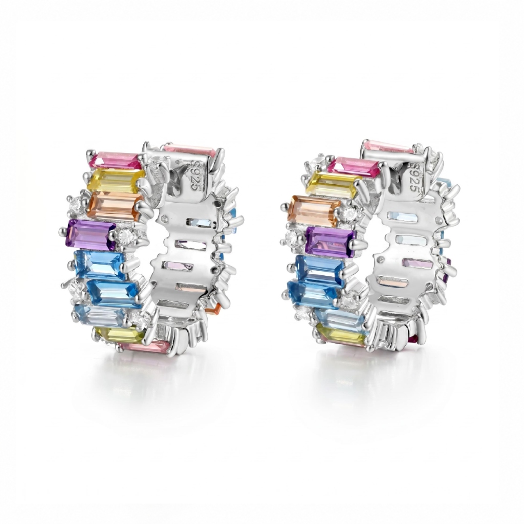 Rainbow Baguette Cut S925 Silver Hoop Earrings Rainbow Baguette Cut S925 Silver Hoop Earrings