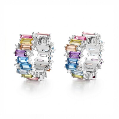 Rainbow Baguette Cut S925 Silver Hoop Earrings