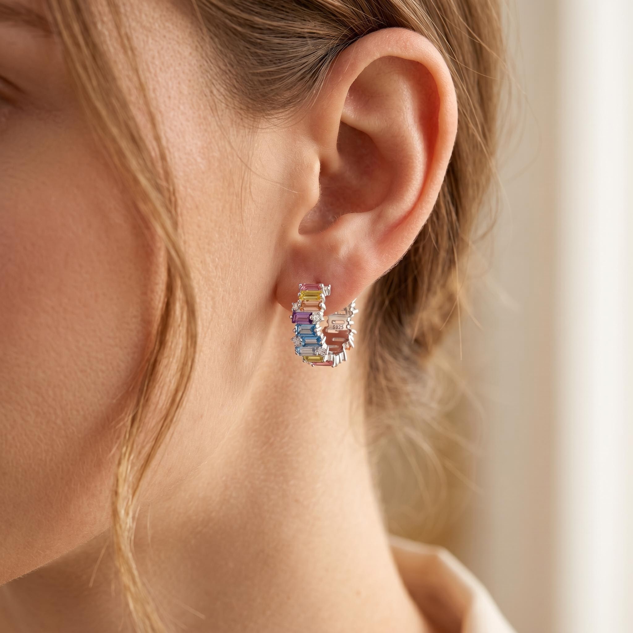 Rainbow Baguette Cut S925 Silver Hoop Earrings Rainbow Baguette Cut S925 Silver Hoop Earrings