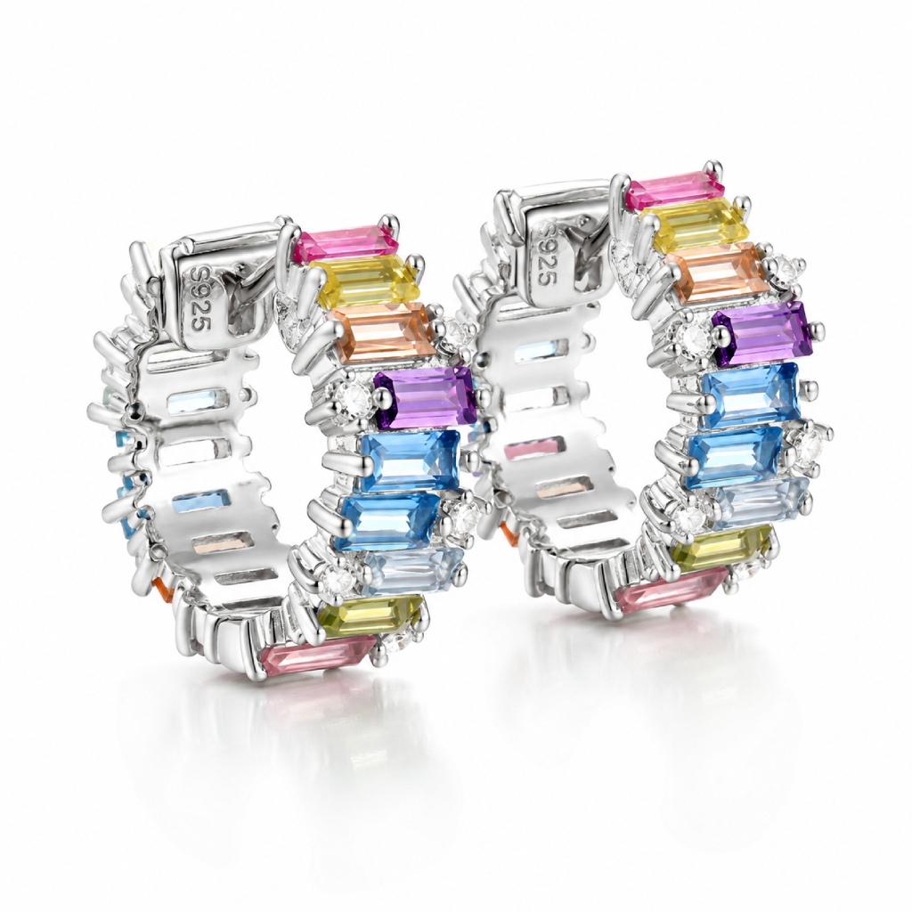 Rainbow Baguette Cut S925 Silver Hoop Earrings Rainbow Baguette Cut S925 Silver Hoop Earrings