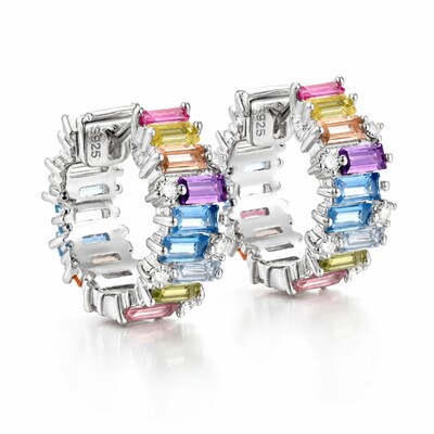 Rainbow Baguette Cut S925 Silver Hoop Earrings