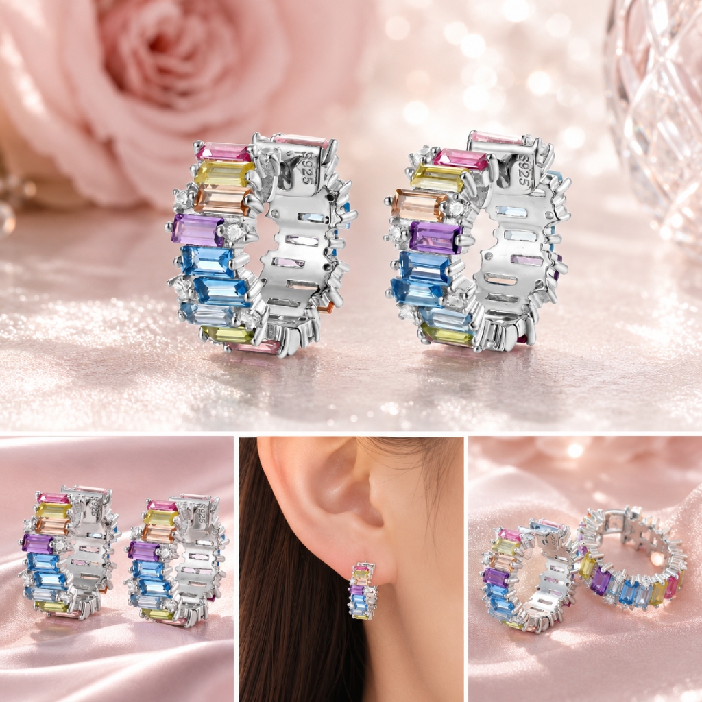 Rainbow Baguette Cut S925 Silver Hoop Earrings Rainbow Baguette Cut S925 Silver Hoop Earrings