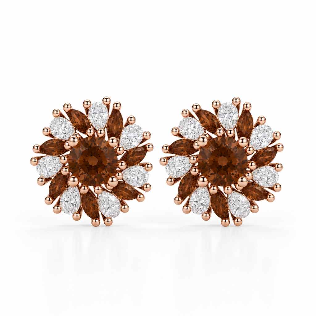 2.12 ct.tw. Sunflower Floral Cluster Coffee Chocolate Stone Stud Earrings 2.12 ct.tw. Sunflower Floral Cluster Coffee Chocolate Stone Stud Earrings