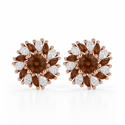 2.12 ct.tw. Sunflower Floral Cluster Coffee Chocolate Stone Stud Earrings