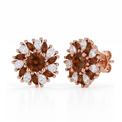 2.12 ct.tw. Sunflower Floral Cluster Coffee Chocolate Stone Stud Earrings