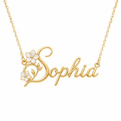Personalized Name with White Enamel Flower Necklace