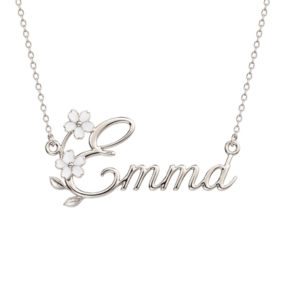 Personalized Name with White Enamel Flower Necklace