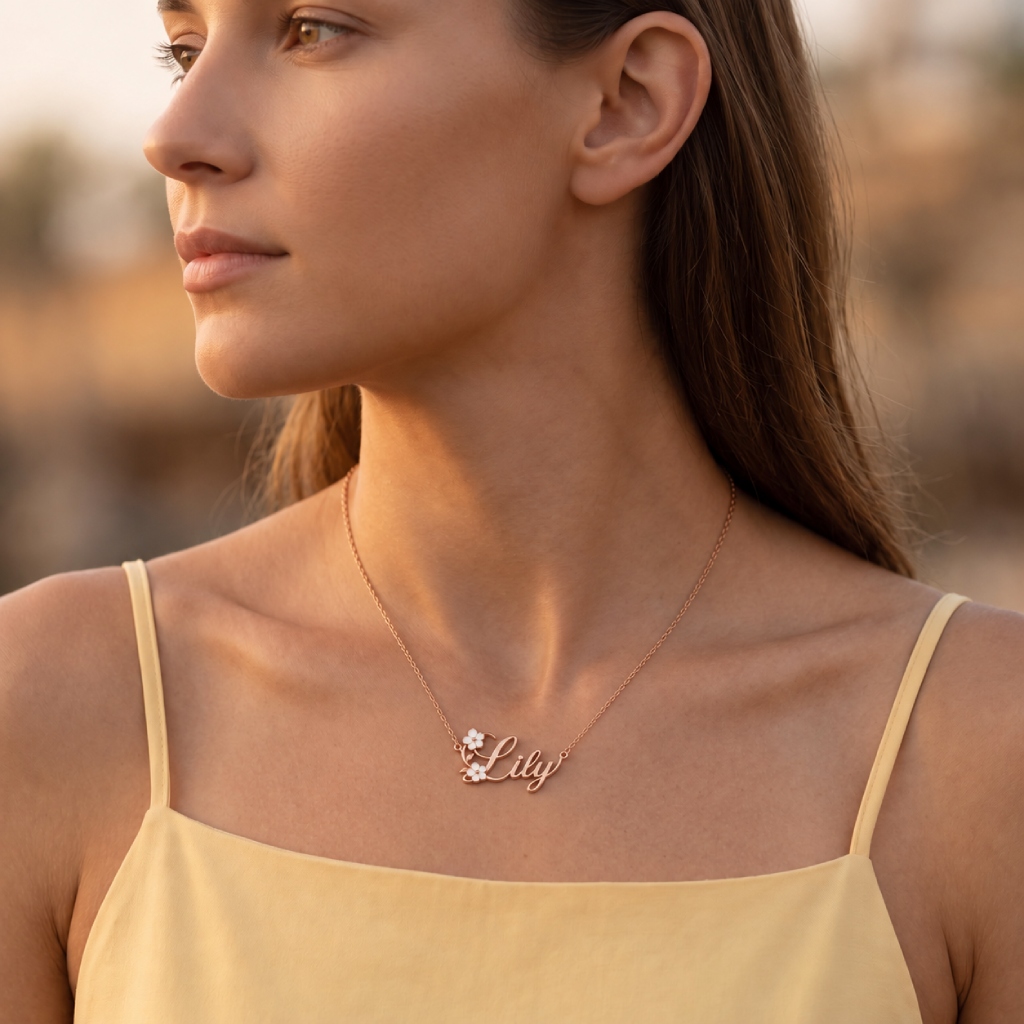 Personalized Name with White Enamel Flower Necklace