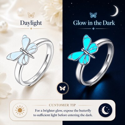 Blue Butterfly Glow S925 Silver Open Ring